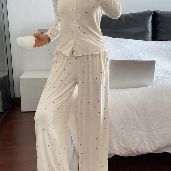 Beige Casual Women's Polka Dot Long Sleeve Button-Up Pajama Set - Picture 3 of 7